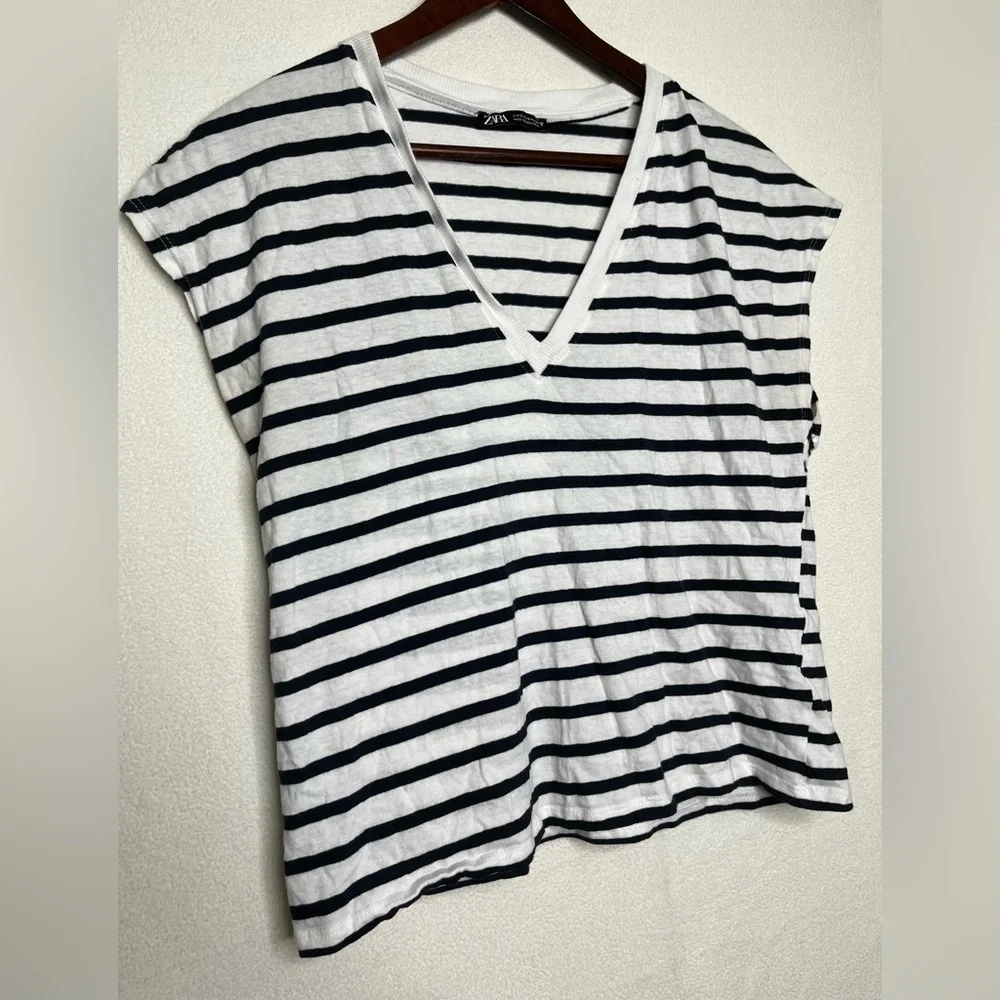 Zara Navy/White Striped T-Shirt Sz Small - Picture 3 of 6